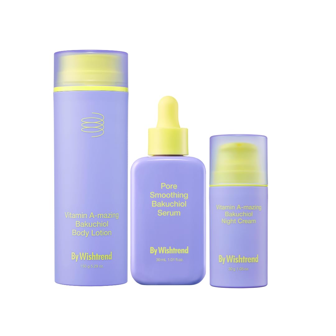 By Wishtrend Vitamin A-Mazing Bakuchiol Trio, Body Lotion 150G & Serum 1.01 Fl Oz & Night Cream 1.05 Oz, Powerful Pore Care Skincare Set For Holiday