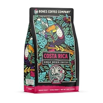 Bones Coffee Company Costa Rica Single-Origin Ground Coffee Beans | 12 oz Medium Roast Low Acid Coffee Arabica Beans | Coffee Gifts & Beverages (Ground)