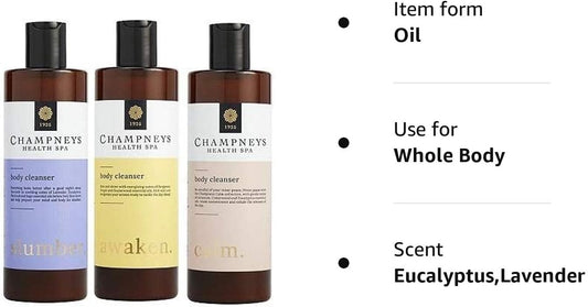 (Pack of 3) Champneys Awaken, Slumber & Calm Body Cleanser x 350ml Bergamont, Lavender, Patchouli, Cedarwood, Geranium essential oil notes