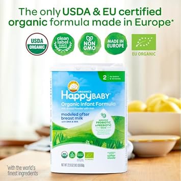 Happy Baby Organics Stage 2 Infant Formula, 6-12 Months, Milk Based Organic Baby Formula Powder With Iron, Probiotics & Prebiotics For Immune & Digestive Support, 22.9 Ounce (Pack Of 3)