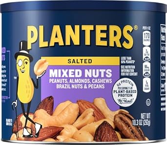 Planters Salted Mixed Nuts, Party Snacks, Plant-Based Protein 10.3Oz (1 Canister)