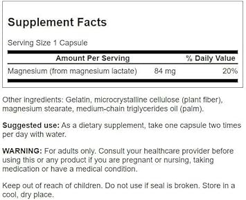 Swanson Magnesium Lactate - Mineral Supplement Promoting Muscle and Bone Health Support - Lactose-Free Lactate Mineral Form for Gentle Absorption - (120 Capsules, 84mg Each)