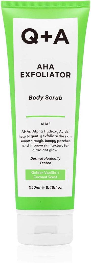 Q+A Aha Exfoliator Body Scrub (250Ml), Exfoliating Body Scrub With Aha And Lactic & Glycolic Acid, Smooths Rough Dry Skin, Brightens & Hydrates, Vanilla & Coconut Scent