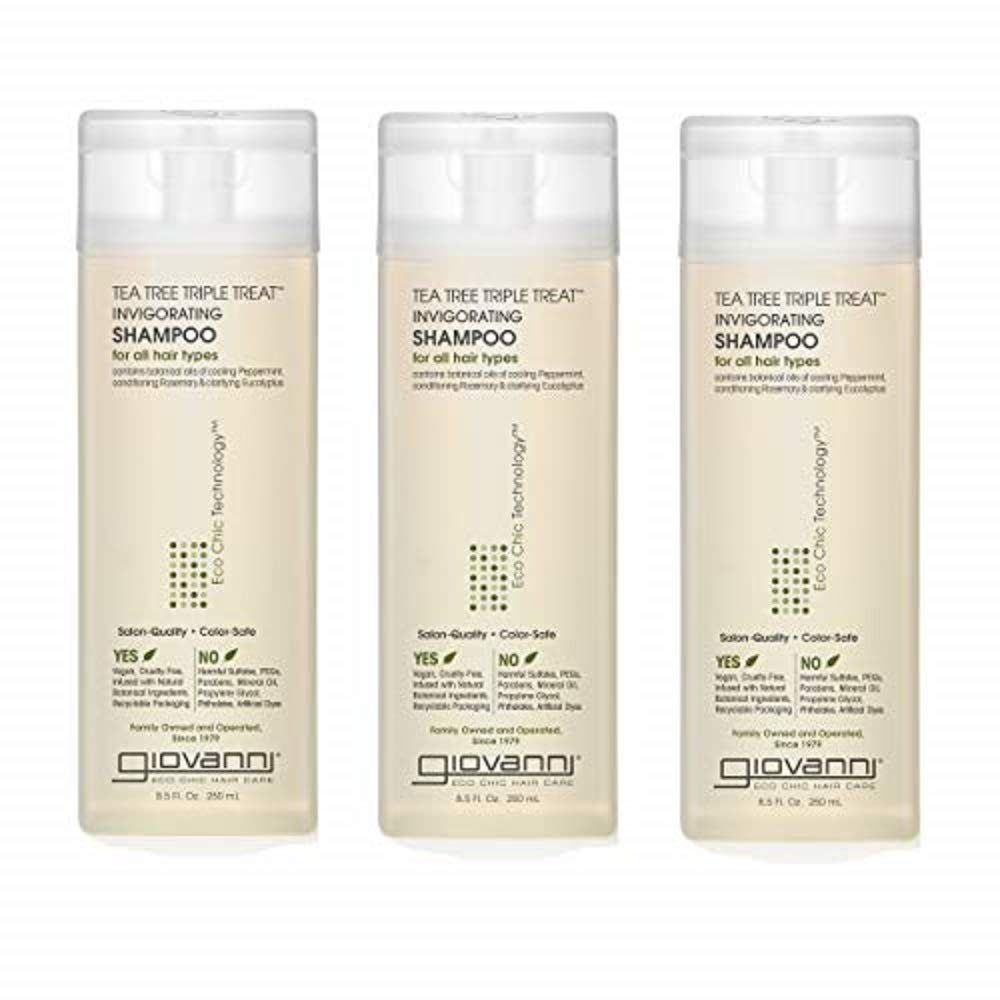 Giovanni Tea Tree Triple Treat Invigorating Shampoo - Cooling Peppermint, Eucalyptus & Rosemary, Strengthen & Rejuvenate Hair & Scalp, Salon Quality, Paraben Free, Tea Tree Shampoo - 8.5 Oz (3 Pack)