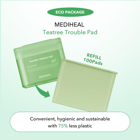 (Only Refill) Mediheal Teatree Trouble Pad (100 Pads) - Cotton Facial Toner Pads For Calm Sensitive & Acne Prone Skin - Vegan Gauze Pad