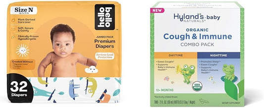 Hello Bello Premium Baby Diapers Size Newborn, 32 Count of Disposable Comfort Fit Diapers - Design: Sleepy Sloth + Hyland's Baby - Organic Cough & Immune Day & Night Combo Pack (4 fl oz) : Baby