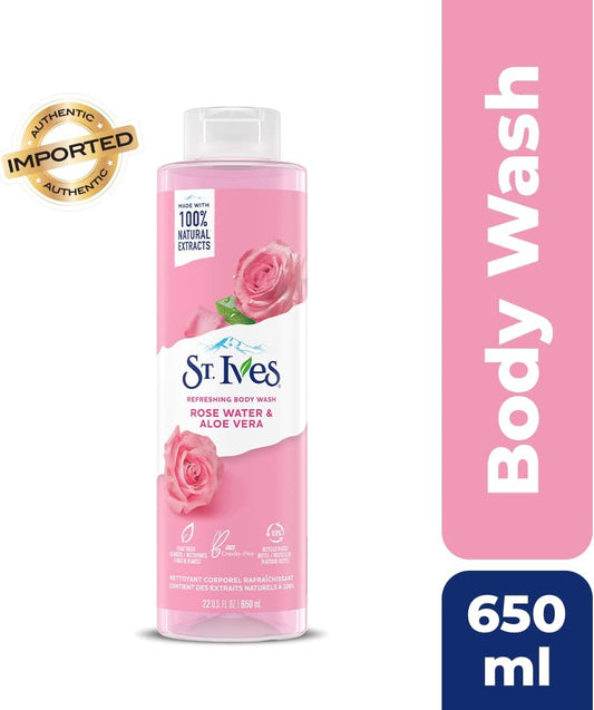 St. Ives Body Wash (650Ml) Refreshing Cleanser Rose Water & Aloe Vera Made With Plant-Based Cleansers & 100% Natural Extracts 16 Oz Shower Gel