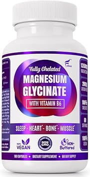 Magnesium Glycinate With Vitamin B6 Research Proven To Enhance Absorption, 1350Mg Fully Chelated - Supports Sleep, Stress Relief, Energy, Muscle Cramps - Gluten Free, Nongmo, 180 Vegan Capsules