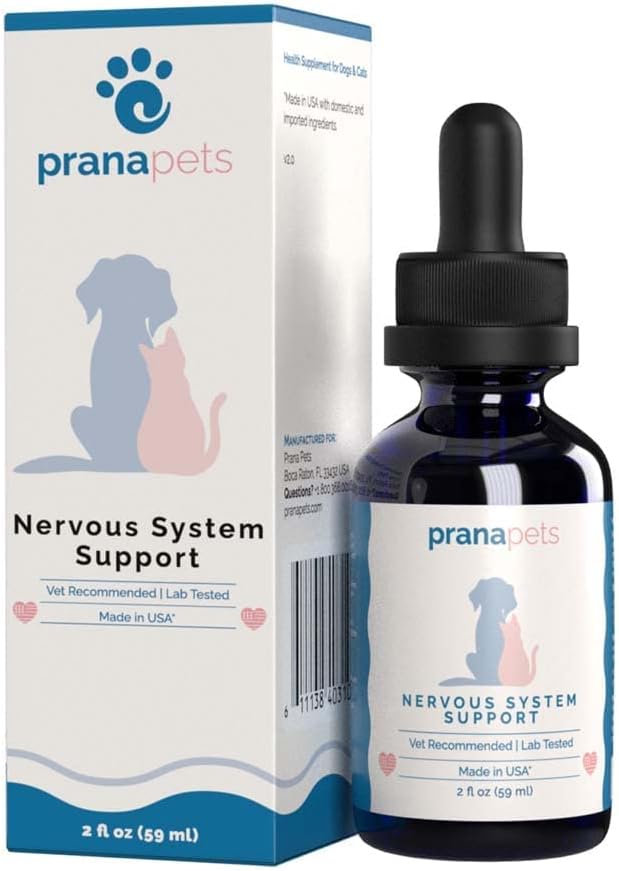 Nervous System Support for Dogs and Cats | Herbal Formula Safely Aids in Reducing Nervousness, Involuntary Muscle Movements, Twitching and Helps Support Brain & Nervous System | by Prana Pets