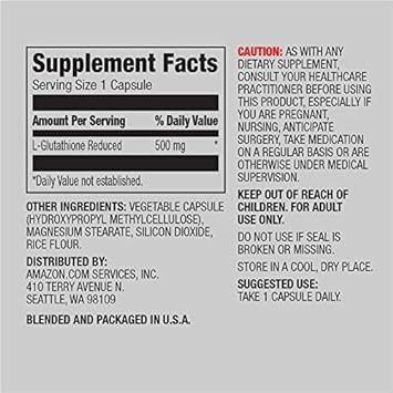 Amazon Elements Glutathione, 500Mg, 60 Capsules, 2 Month Supply (Packaging May Vary)