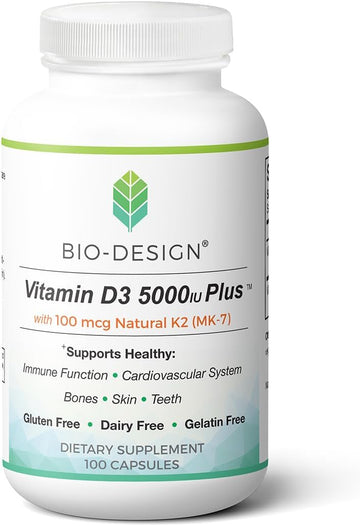 Vitamin D3 5000I Plus 100 Mcg Natural K2 (Mk-7) - Immune Regulation & Support Supplement - Supports Healthy Immune Function, Bone & Teeth Mineralization, & Heart Health -100 Capsules
