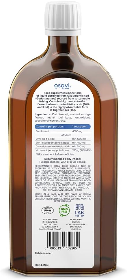 Osavi Norwegian Cod Liver Oil 1000 mg Omega 3 – 500 ml | Orange Flavor | DHA & EPA for Heart, Brain & Vision Health | Supports Immune Function | Sourced from Wild Atlantic Cod : Amazon.co.uk: Health & Personal Care