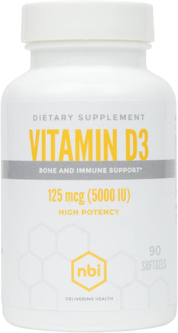 Nbi High Potency Vitamin D3 125 Mcg (5000 Iu) Softgels With Rosemary Extract Antioxidants | Bone, Immunity, Brain And Inflammation Balance Support | 90 Softgel Capsules