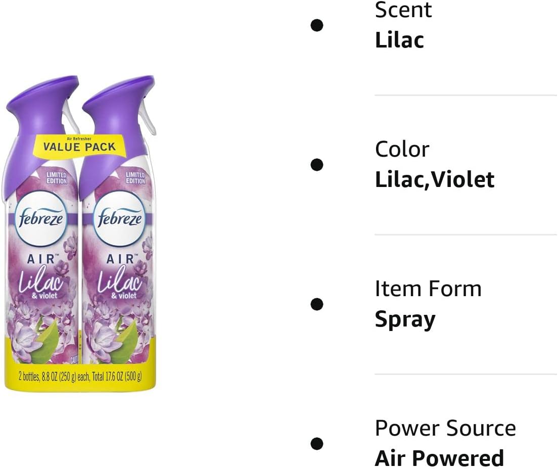 Febreze Air Odor-Eliminating Air Freshener, Lilac & Violet, 2 Ct, 8.8 Fl Oz Each (17.6 oz Total) : Health & Household