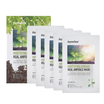 Daymellow Sheet Mask 5Pack, Houttuynia Cordata Real Ampoule Masks, Face Sheet Mask, Heartleaf, Panthenol, Tea Tree, Hydrating, Acne, Soothes Redness Facial Sheet Mask Korean Skincare