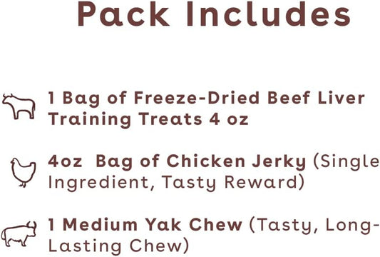 Pupford Medium And Large Dog Favorites Pack - Freeze Dried Beef Treats, Yak Chew, And Chicken Jerky Reward - Delicious Variety For Medium And Large Dogs - Ideal For Training And Chewing