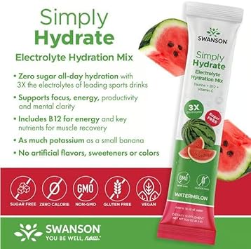 Swanson Simply Hydrate Electrolyte Mix - Sugar-Free Watermelon Flavor - 8 Packets | Advanced Electrolyte Blend | Convenient On-The-Go Solution