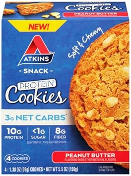 Atkins Peanut Butter Protein Cookie, Protein Dessert, Rich in Fiber, 3g Net Carb, 1g Sugar, Keto Friendly, 4 Count