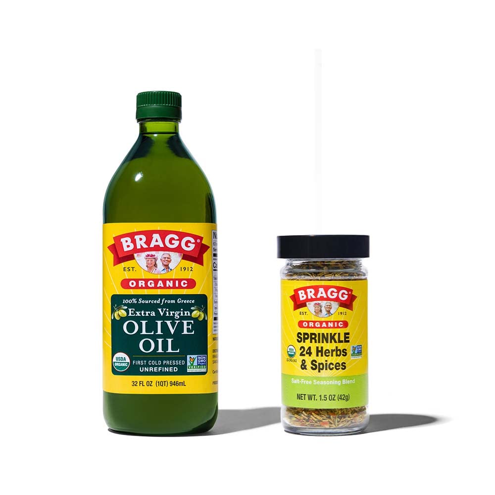 Bragg Organic Extra Virgin Olive Oil And Sprinkle Seasoning Bundle - Cold Pressed Evoo For Marinades & Vinaigrettes – Usda Certified, Non-Gmo