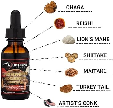 7 Mushroom Tincture Blend (1 fl oz) with Mushrooms: : Reish, Turkey Tail, Maitake, Shiitake, Lion's Mane, Artist Conk, Chaga | by Lost Empire Herbs