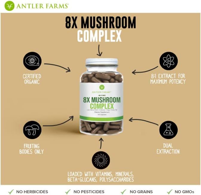 Antler Farms - 100% Pure 8X Mushroom Complex, Equiv. to 12,600mg - Organic Five Mushroom Blend of Concentrated 8:1 Extracts - Lion's Mane, Reishi, Cordyceps, Chaga, Turkey Tail, Fruiting Bodies Only : Health & Household