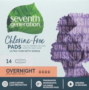 Seventh Generation Ultrathin Pads, Overnight with wings, Free & Clear Chlorine Free, 14 count(package may vary)