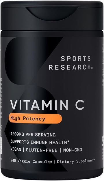 Sports Research High Potency Vitamin C Supplement - Vegan Veggie Capsules For Antioxidant Activity & Immune Support - Non-Gmo Verified & Gluten Free - Ascorbic Acid Vitamin C 1000Mg, 240 Count