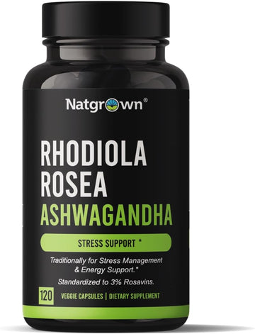 Natgrown Rhodiola Rosea with Ashwagandha Root Extract Capsules - Standardized to 3% Rosavins and 1% Salidroside - 120 Count