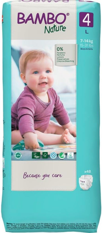 Bambo Nature Hypoallergenic Baby Diapers, Eco-Labeled Diapers, Enhanced Leakage Protection, Totally Chlorine-Free, Skin Friendly, And Super Absorbent - Size 4 (48 Count)