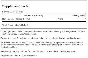 Swanson Raw Pancreas Glandular 500 Milligrams 60 Capsules (4 Pack)