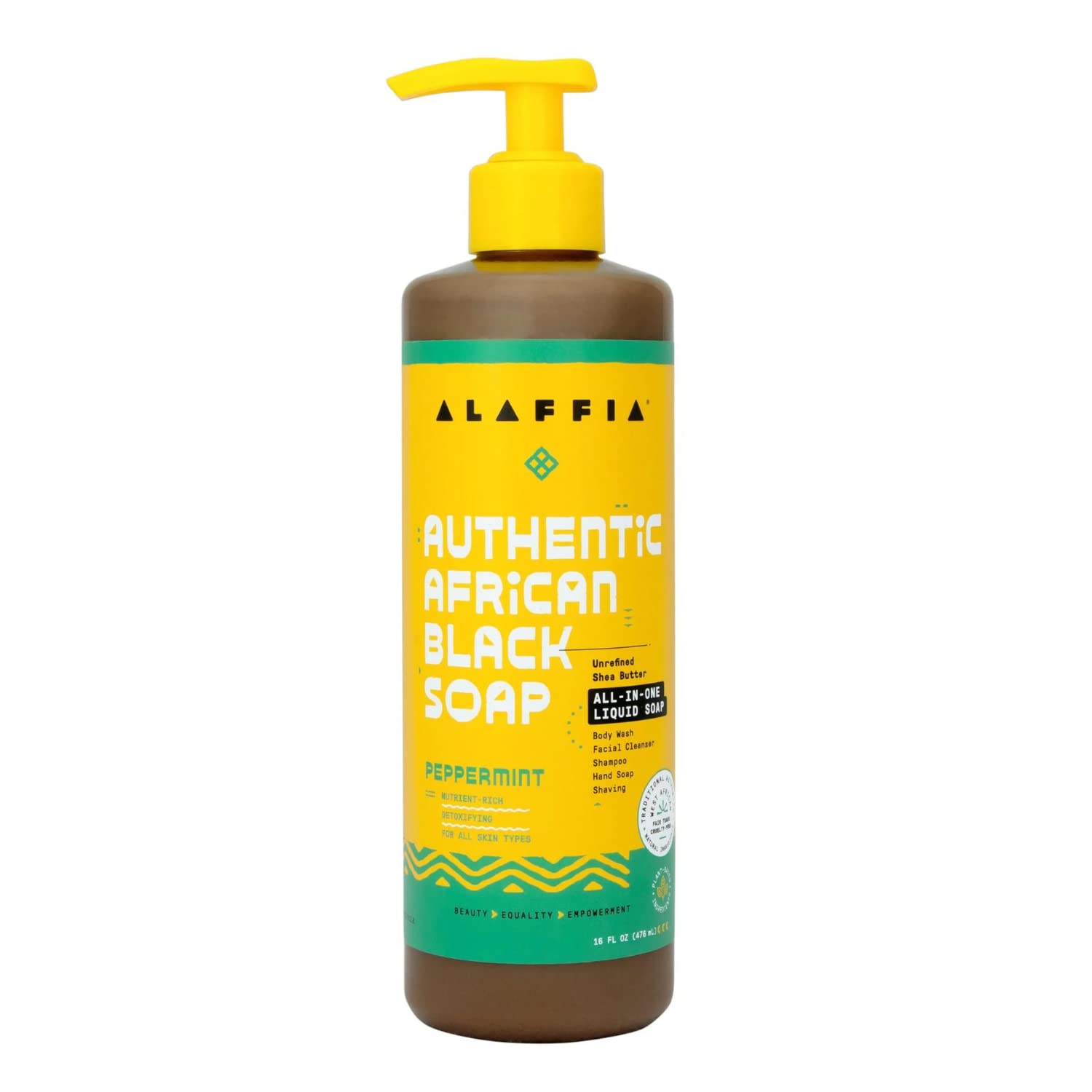 Alaffia Skin Care, Authentic African Black Soap, All In One Body Wash, Face Wash, Shampoo & Shaving Soap With Fair Trade Shea Butter, Peppermint, 16 Fl Oz