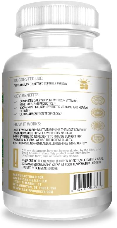 Actif Organic Multivitamin For Women Age 80+ With 20+ Advanced Factors And Omega-3 – Non Gmo, Made In Usa, 90 Count