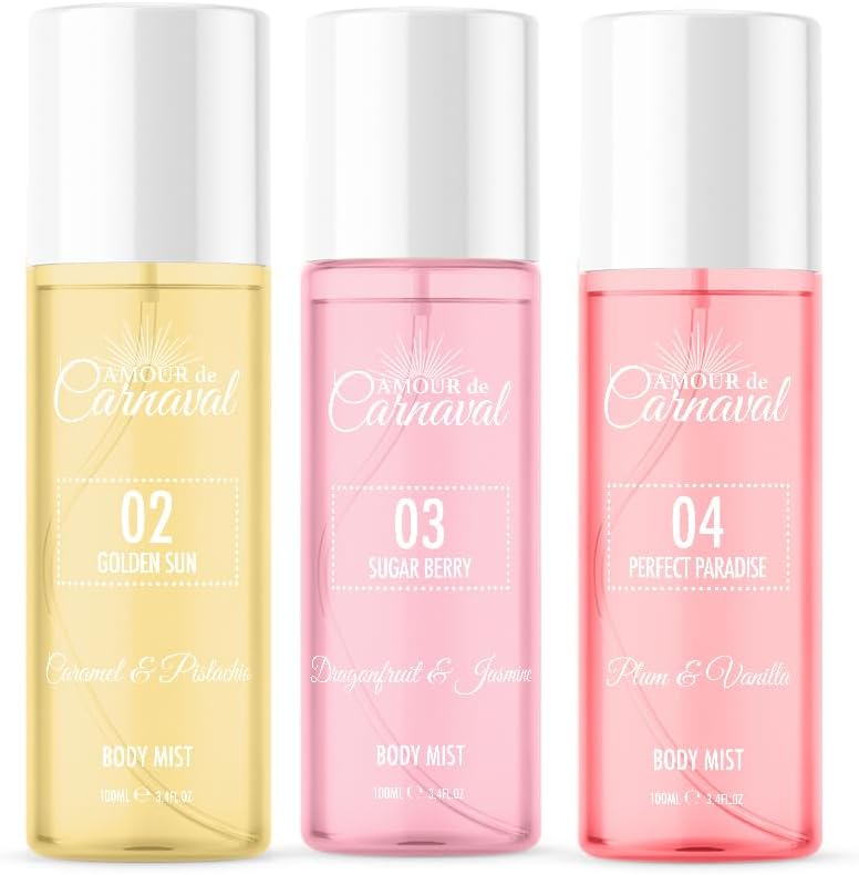 Brazilian Inspired Perfume, Brazilian Body Spray Body Mist Fragrance Spray - Fresh And Floral Fragrance Perfume Spray - 100Ml - 3 Pack (Golden Sun, Sugar Berry, Perfect Paradise) - Amour De Carnaval