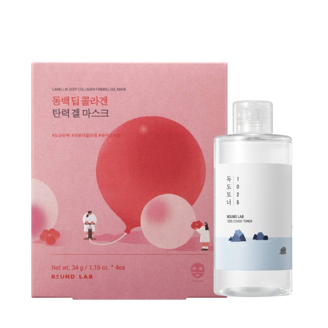 Round Lab 1025 Dokdo Toner 150Ml+Camellia Deep Collagen Firming Mask 4Ea, Collagen Mask, Pore Minimizing, Hydration Toner, Gentle Exfoliation, Soothing