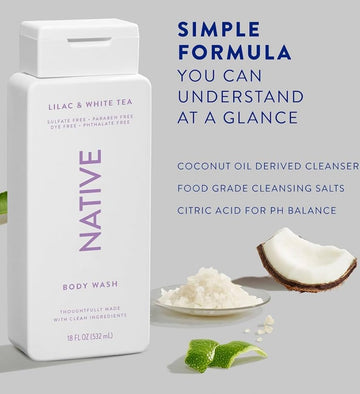 Native Body Wash Contains Naturally Derived Ingredients | For Women & Men, Sulfate, Paraben, & Dye Free Leaving Skin Soft And Hydrating | Lilac & White Tea 18 Oz - 2 Pk