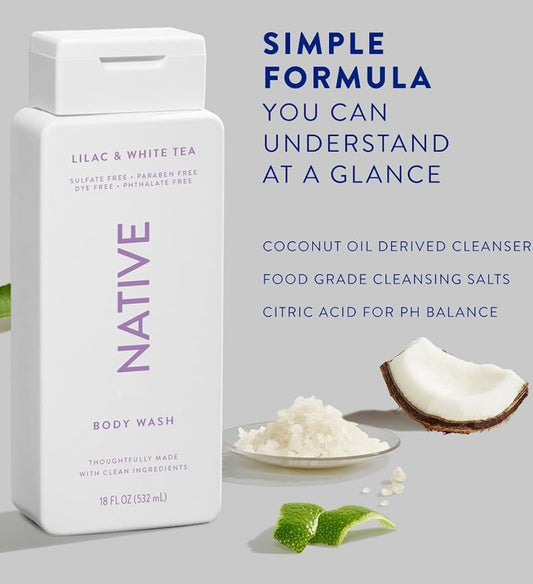 Native Body Wash Contains Naturally Derived Ingredients | For Women & Men, Sulfate, Paraben, & Dye Free Leaving Skin Soft And Hydrating | Lilac & White Tea 18 Oz - 2 Pk