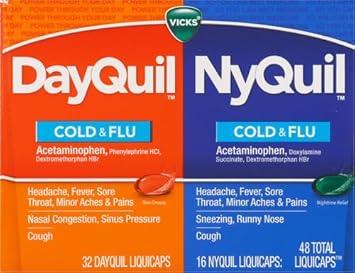 Vicks Dayquil And Nyquil Combo Pack, Cold & Flu Medicine, Powerful Multi-Symptom Daytime And Nighttime Relief For Headache, Fever, Sore Throat, Cough, 48 Count, 32 Dayquil And 16 Nyquil Liquicaps