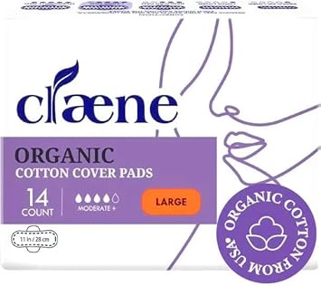 Organic Cotton Cover Pads, Cruelty-Free, Menstrual Large Pads for Women, Unscented, Breathable, Vegan, Natural Sanitary Napkins with Wings (Large, 14 Count)