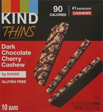 Kind Thins Dark Chocolate Cherry Chashew Bars, Gluten Free, 5G Sugar, 0.74 Oz Bars, 10 Count