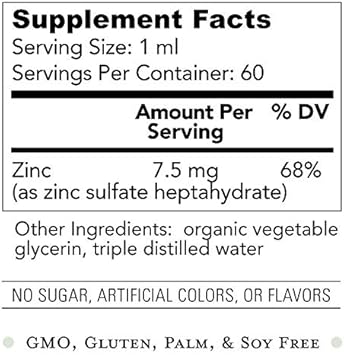 Organic Liquid Zinc Sulfate - Pure Zinc Supplements For Skin Health, Immune System Function And Normal Cell Growth In Adult Men & Women - Non-Gmo, Vegan, Ionic Zinc 7.5Mg - 2 Fl Oz