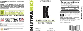 NutraBio Potassium Complex, Potassium Supplement for Healthy Heart, Bones, Muscles & Digestion, 99mg - 120 Vegetable Capsules : Health & Household