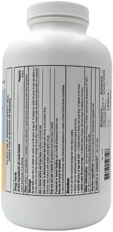 Rising Pharma - Sodium Bicarbonate 650Mg - Antacid Used For Acid Indigestion, Heartburn, Sour Stomach Stomach Upset - 1000 Tablets