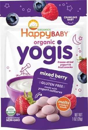 Happy Baby Organics Baby Snacks, Yogis, Freeze Dried Yogurt & Fruit Snacks, Gluten Free Snack For Babies 9+ Months, Mixed Berry, 1 Ounce (Pack Of 1)