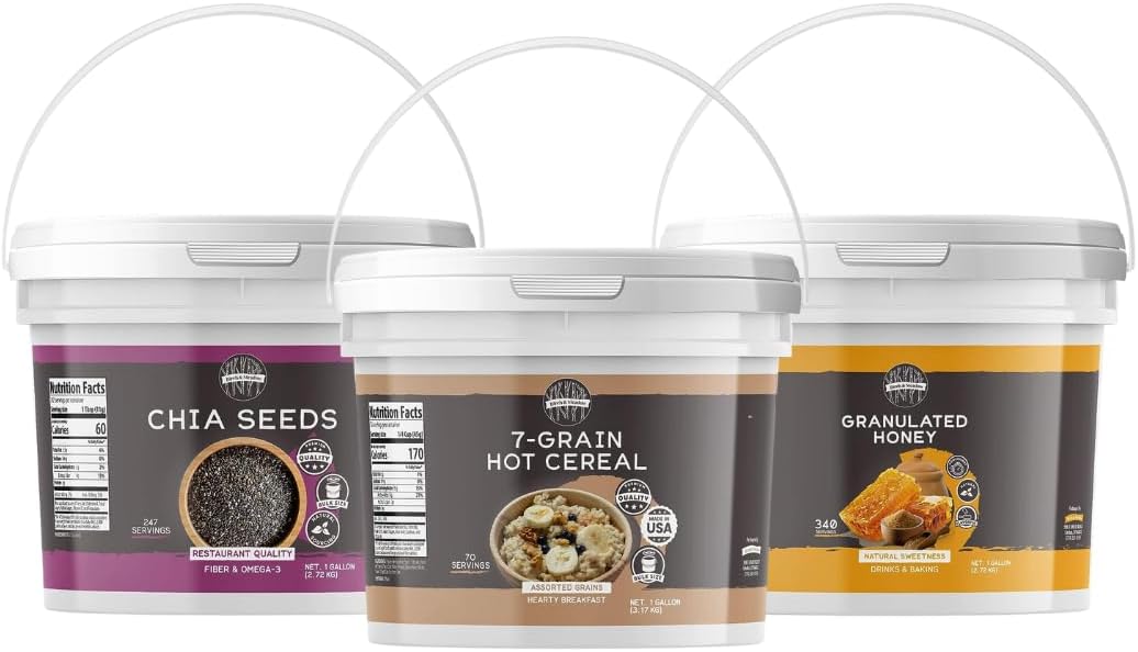 Birch & Meadow 7-Grain Hot Cereal, Granulated Honey, & Chia Seeds Bundle (1 Gallon Buckets), Versatile Ingredients, Oatmeal & Smoothies, Flavorful