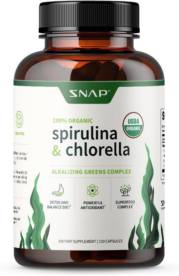 Snap Supplements Usda Organic Spirulina Chlorella Capsules - Green Superfoods For Natural Energy And Metabolic Health, 120 Capsules