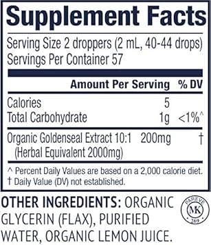 Vimergy USDA Organic Goldenseal Extract, 57 Servings - Alcohol-Free, Gluten-Free, Non-GMO, Kosher, Corn-Free, Soy-Free, Vegan & Paleo Tincture (115 ml) : Health & Household