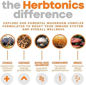 Herbtonics All-In-One Mushroom Supplement For Immune System Support | Nootropic Brain Support Supplement With Lion'S Mane, Cordyceps, Reishi | Powerful Mushroom Complex | 120 Vegan Capsules : Health & Household