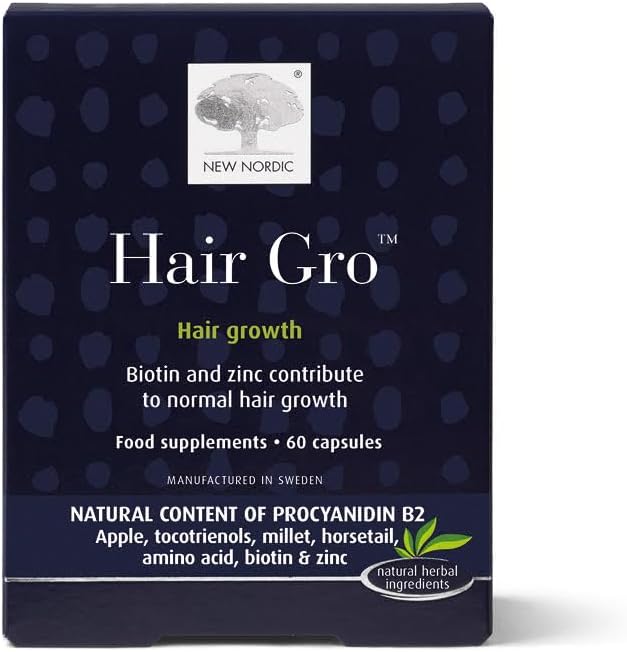 New Nordic Hair Gro - Vegan Hair Growth Supplement - Biotin, Palm Fruit Extract, & Zinc For Natural Regrowth - Swedish Made - 60 Capsules