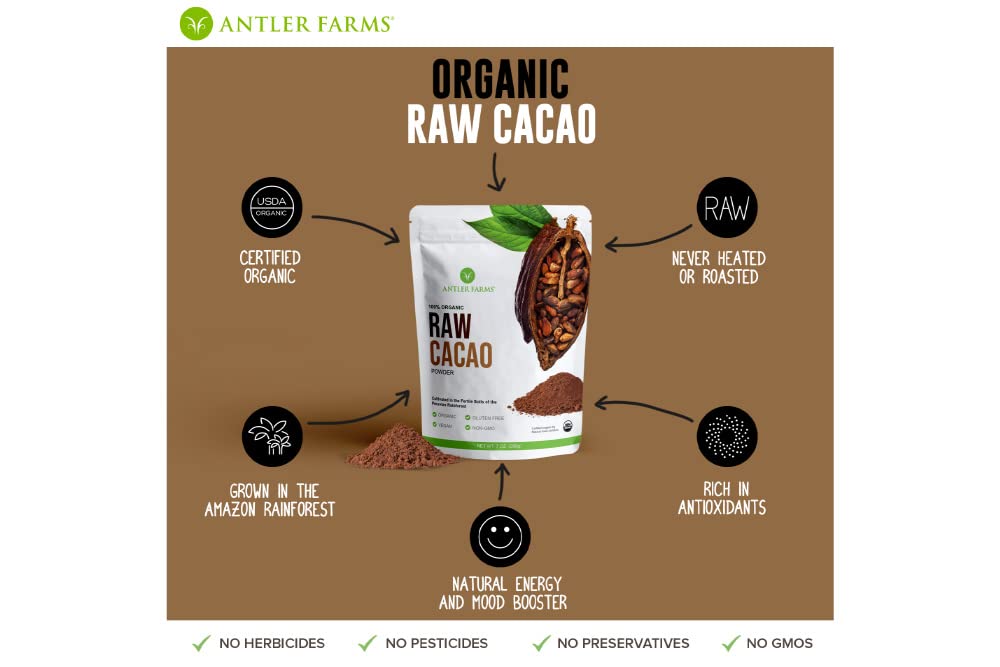 Antler Farms - 100% Pure Organic Raw Cacao Powder, 40 Servings, 200G - Vegan, Gluten Free, Cultivated Naturally In Amazon Rainforest, Certified Usda Organic : Grocery & Gourmet Food