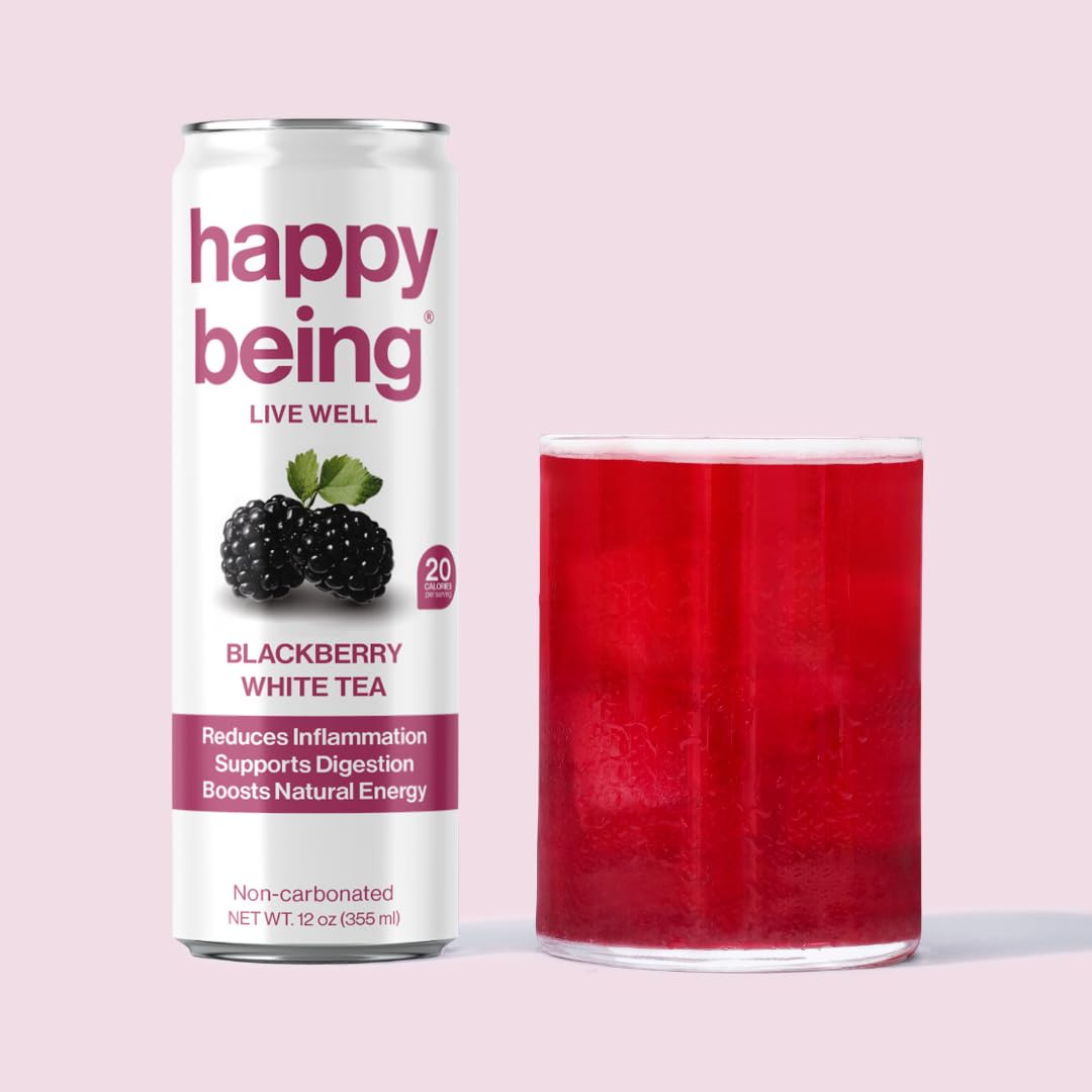 Happy Being Nutrient-Rich Organic Blackberry Citrus White Tea – Infused With Turmeric, Elderberry, Vitamin D3, Caffeine Free, Plant-Based, Low Calorie & Low Sugar Drinks, 12Oz (16 Pack)